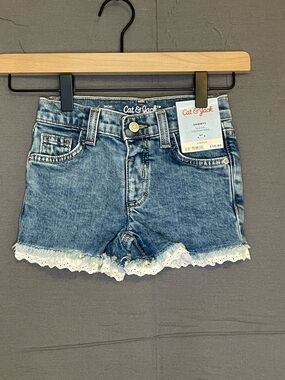 Cat & Jack Girls 4T Denim Shorts Lace Trim Mid Rise Adjustable Waist NWT Stretch